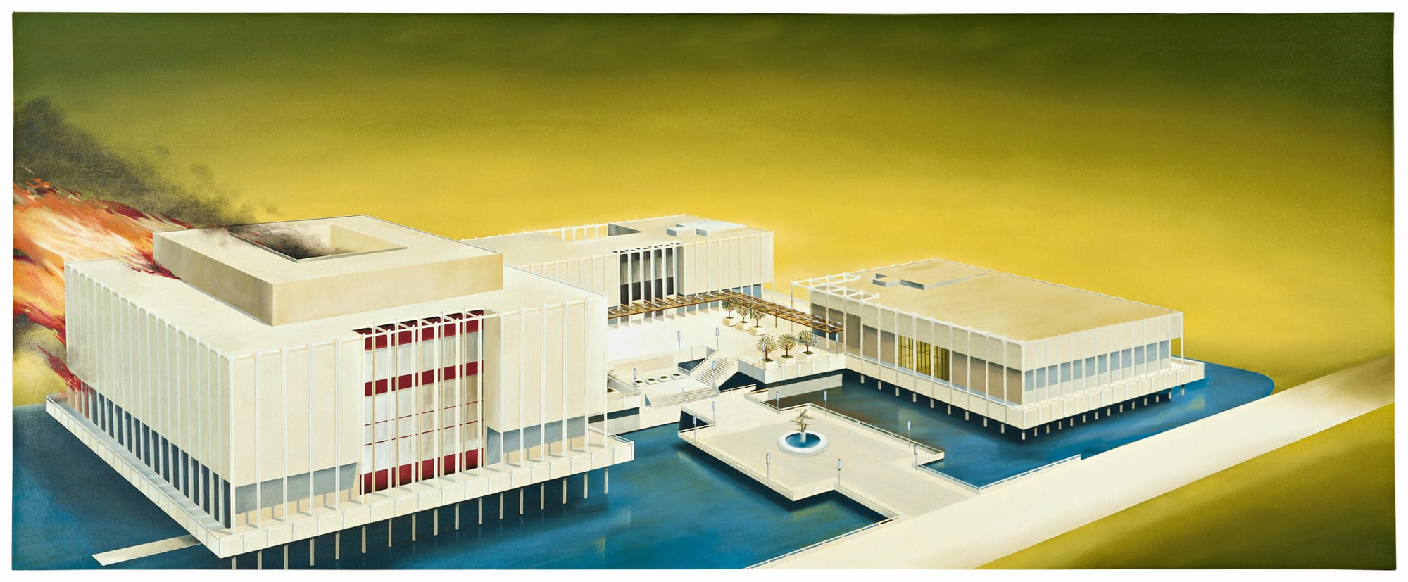 Edward Ruscha.&nbsp;Los Angeles County Museum of Art on Fire. 1965–68, courtesy of Hirshhorn Museum and Sculpture Garden, Smithsonian Institution, Washington, DC, Gift of Joseph H. Hirshhorn, 1972 © 2023 Ed Ruscha